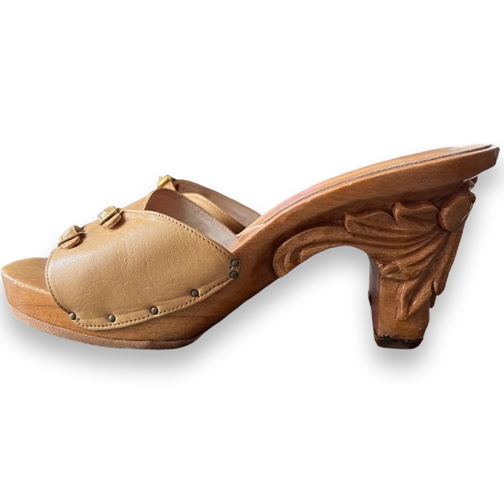 Vintage 70s Wood Carved Heel Mules Slides Karvings Size 8